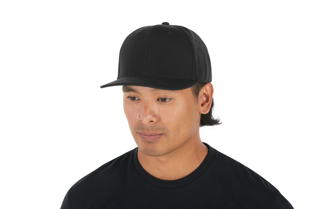 recycled-poly-classic-6-panel-hat-f2 WebPDP-HAT001002_Recycled_Poly_Classic_6Panel_Hat_Black_Studio_Harper_Studios_0723_Side_2__HAT001002OS.jpg