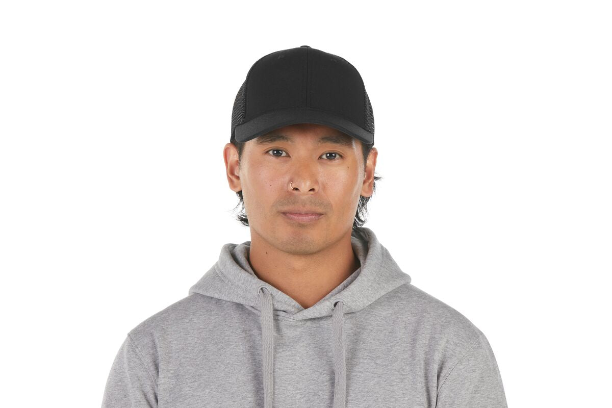 recycled-poly-low-profile-trucker-hat-s6 WebPDP-HAT002002_Recycled_Poly_Low_Profile_Trucker_Hat_Black_Studio_Harper_Studios_0723_Front__HAT002002OS.jpg